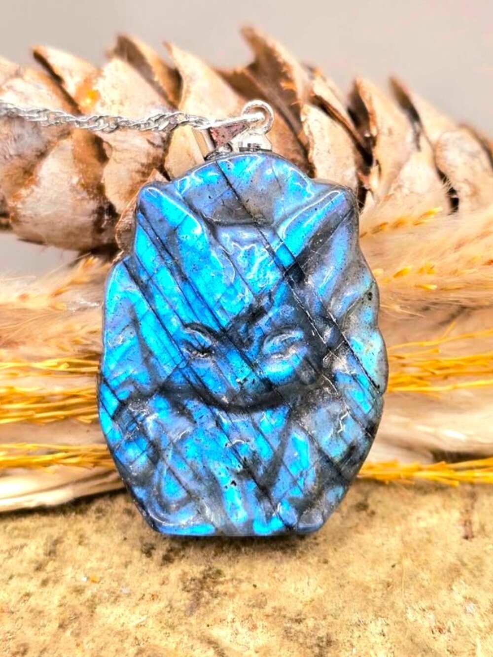 Nature Labradorite Carved Nine Tails Fox Pendant Necklace